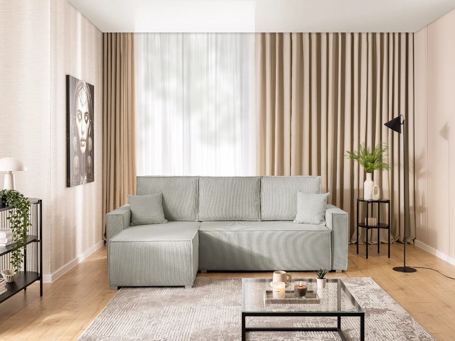 Canapé d’angle en tissu côtelé avec ressorts Bonnell, fonction couchage et coffre de rangement KORD