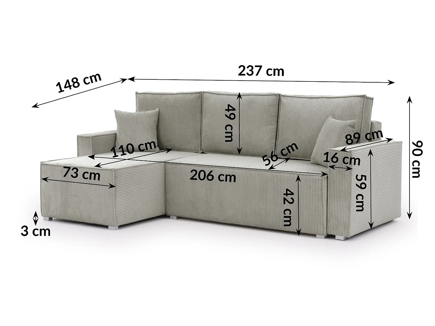 Canapé d’angle en tissu côtelé avec ressorts Bonnell, fonction couchage et coffre de rangement KORD