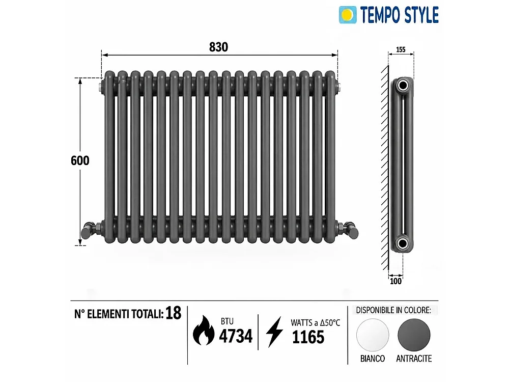 Tempo Style - Radiador 600x830mm | 1165W | 4734BTU com 18 elementos - Antracite