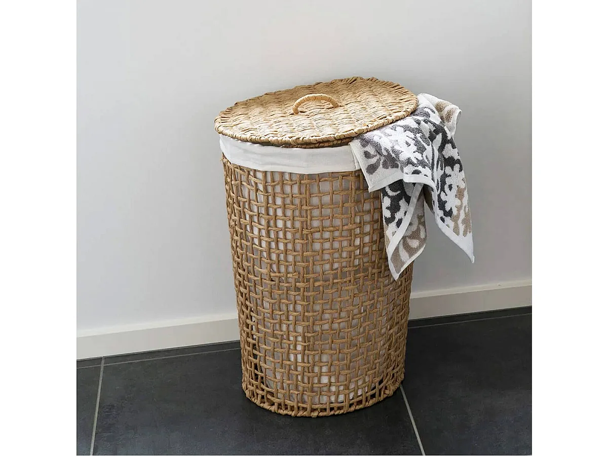 Panière à linge en Papier Imitation Rotin et Tissu Blanc - MATIAS