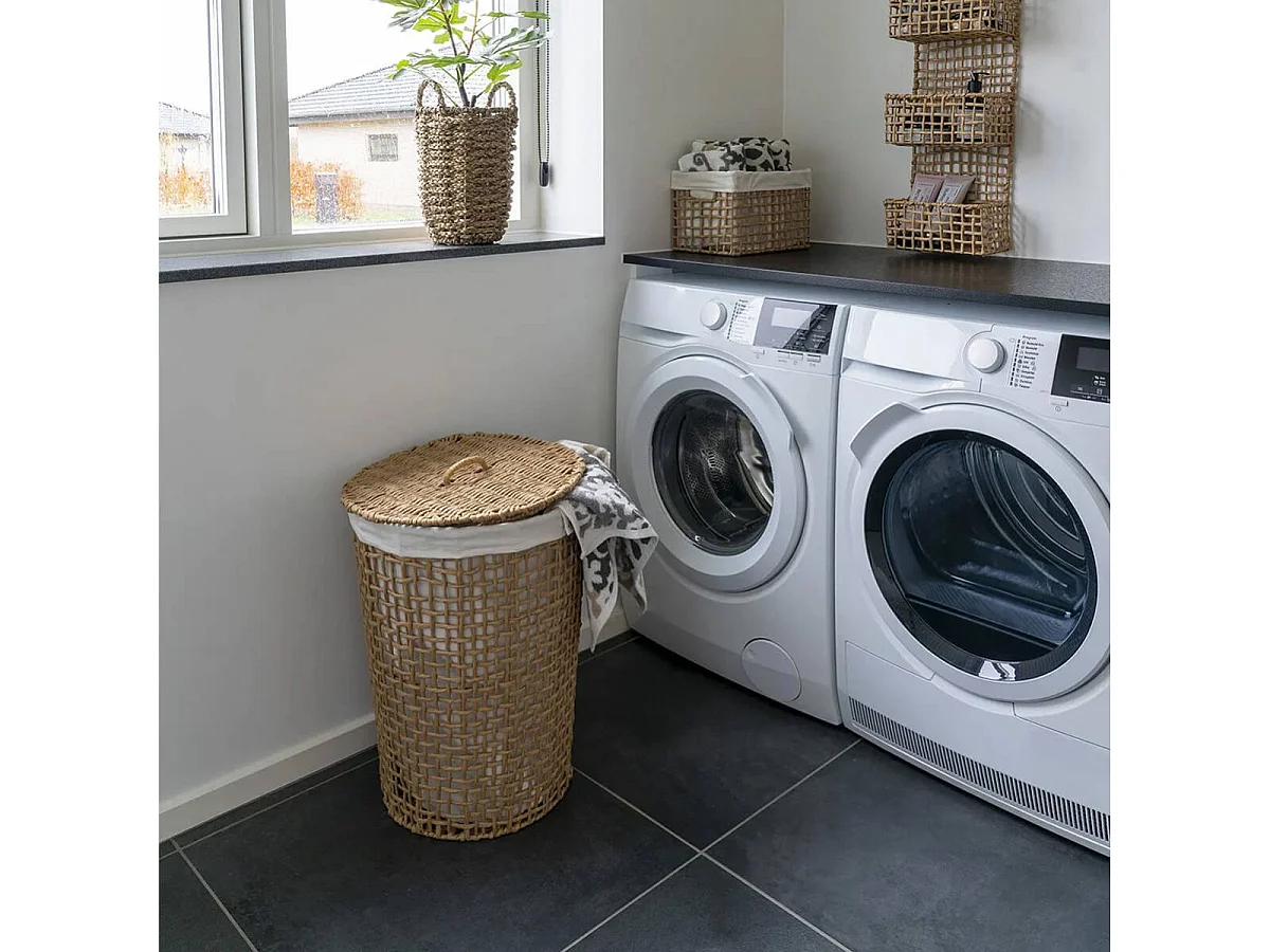 Panière à linge en Papier Imitation Rotin et Tissu Blanc - MATIAS