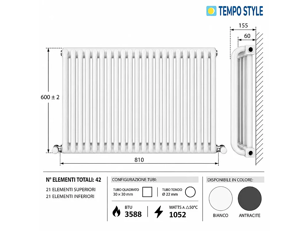 Tempo Style - Radiador 600x810mm | 1052W | 3588BTU com 21+21 elementos - Branco