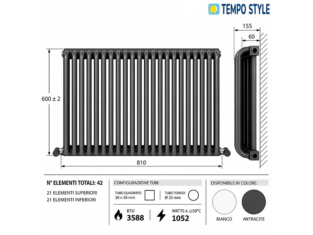 Tempo Style - Radiador 600x810mm | 1052W | 3588BTU com 21+21 elementos - Antracite