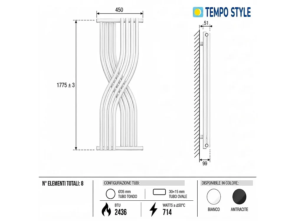 Tempo Style - Toalheiro aquecido 1775x450mm | 714W | Radiador de 8 elementos 2436BTU - Branco