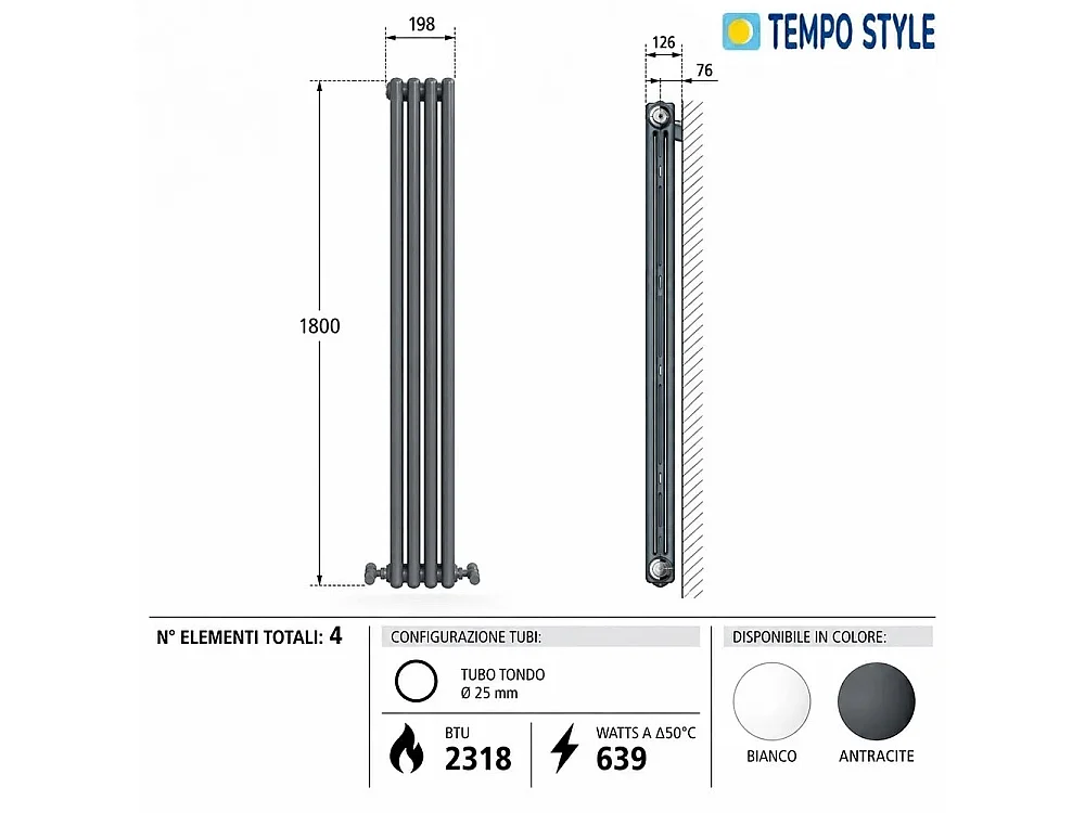 Tempo Style - Radiador vertical 1800x198mm | 639W | 2318BTU com 4 elementos - Antracite