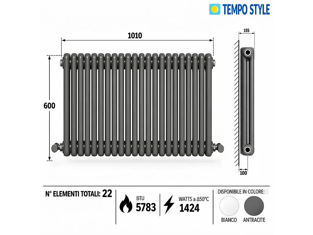 Tempo Style - Radiador 600x1010mm | 1424W | 5783BTU com 22 elementos - Antracite