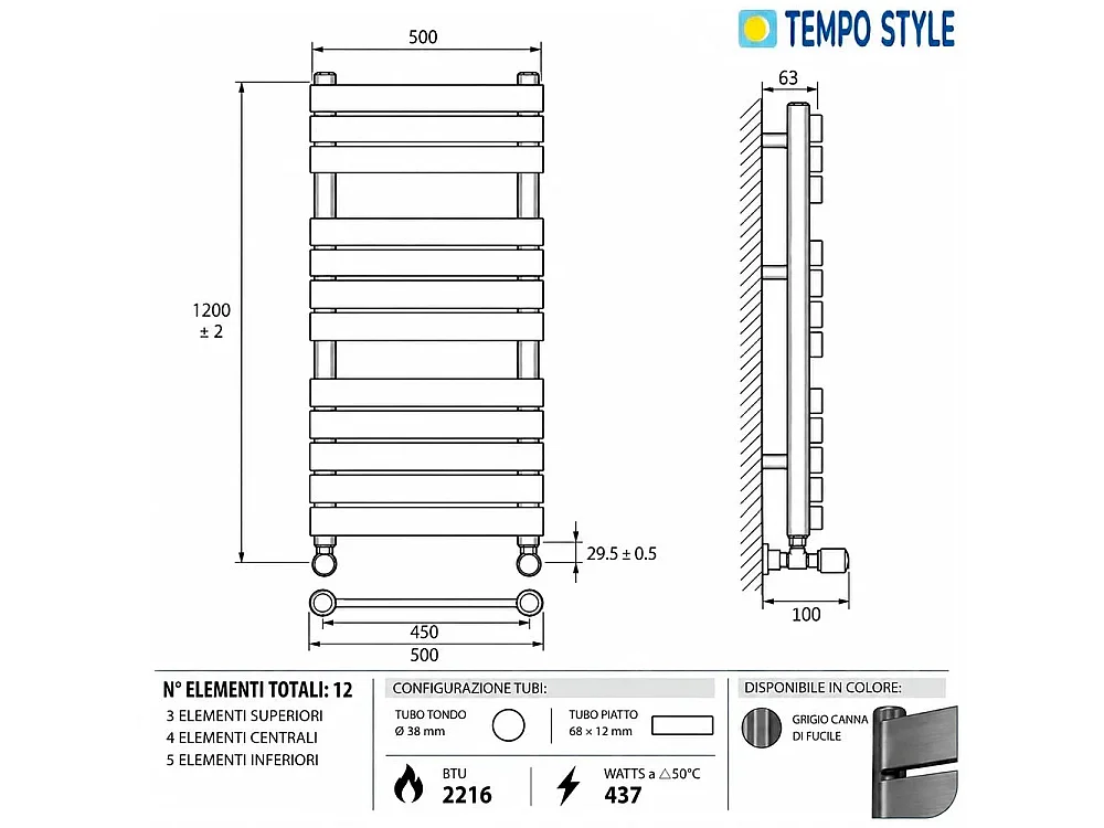 Tempo Style - Handdoekverwarmer 1200x500mm | 437W | 2216BTU 12-paneels radiator (3+4+5) Gunmetal