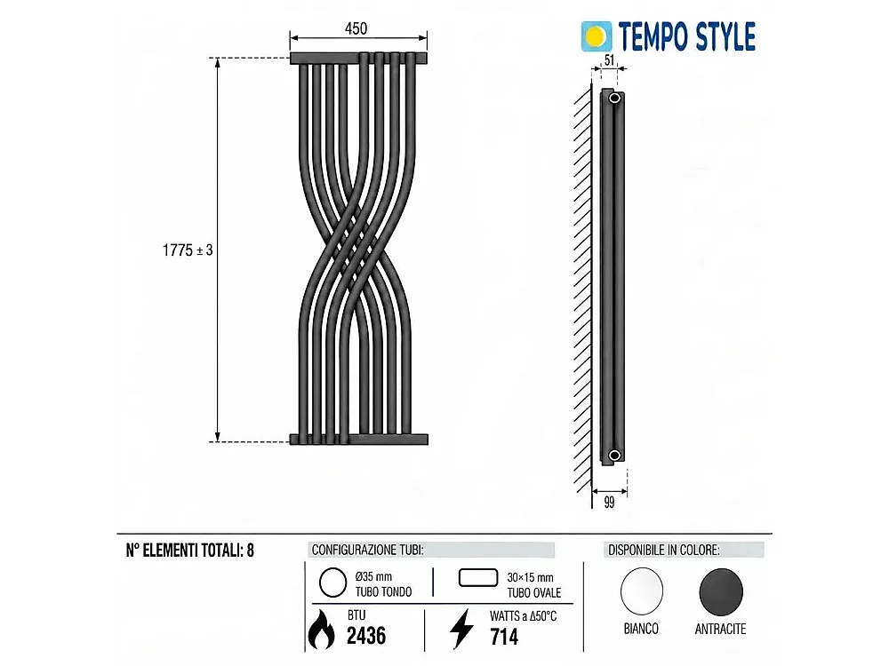Tempo Style - Toalheiro aquecido 1775x450mm | 714W | Radiador de 8 elementos 2436BTU - Antracite