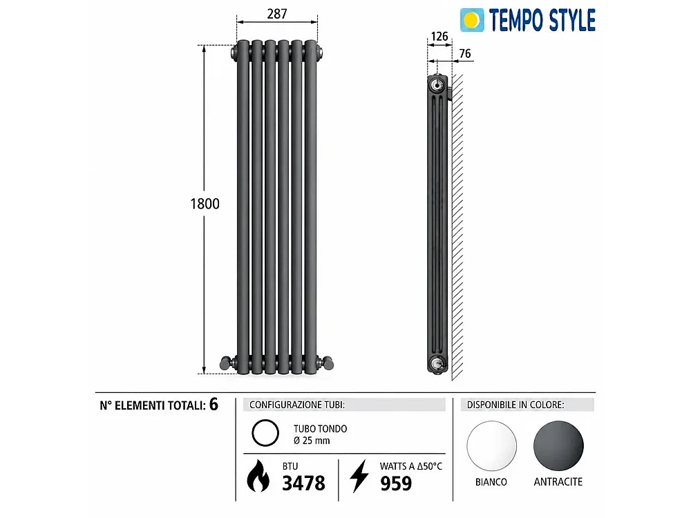 Tempo Style - Radiador vertical 1800x287mm | 959W | 3478BTU com 6 elementos - Antracite