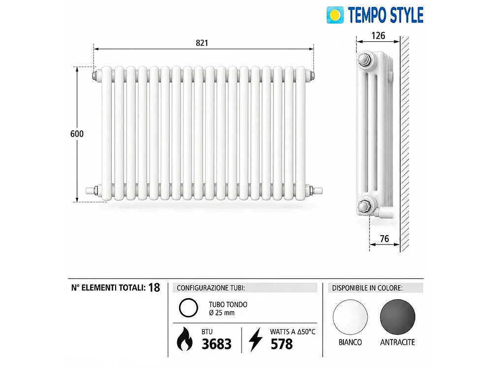Tempo Style - Radiador 600x821mm | 578W | 3683BTU com 18 elementos - Branco