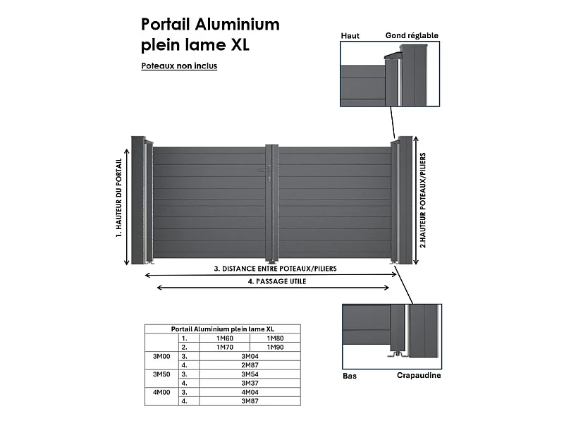 Portail battant aluminium plein lame XL H 1m60 x P 3m50 Gris 7016
