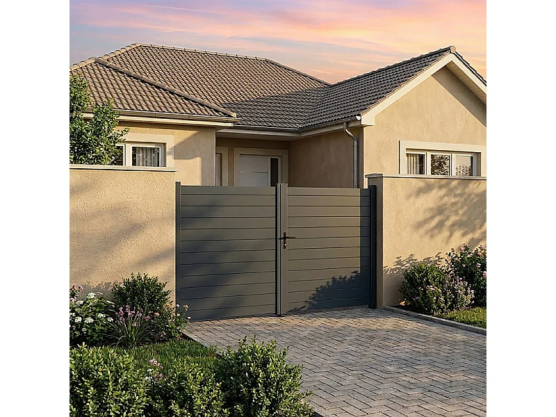 Portail battant aluminium plein lame XL H 1m80 x P 3m50 Gris 7016