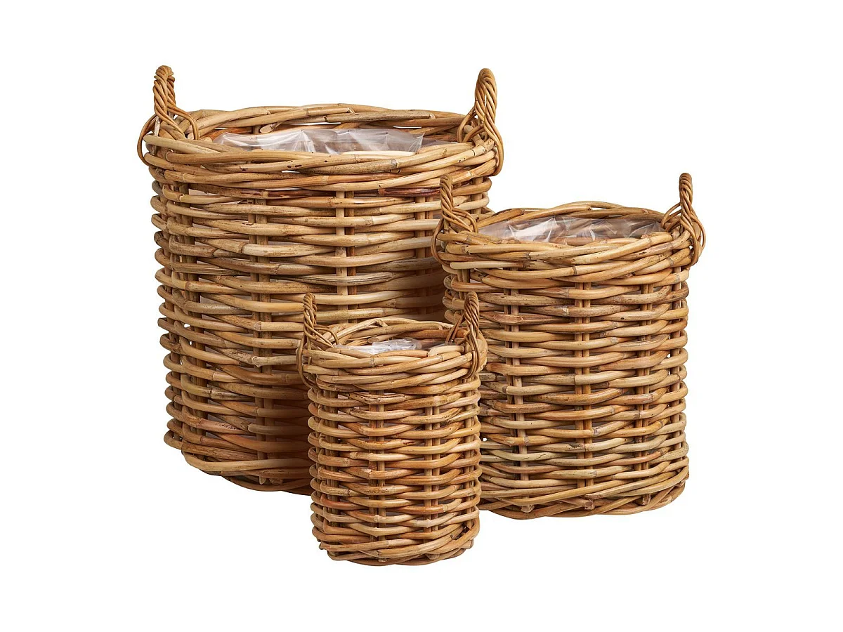 Lot de 3 paniers décoratifs en rotin naturel tressé avec anses - PRUNELLE