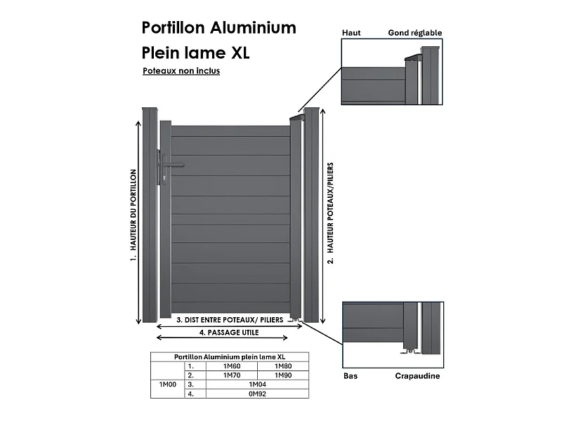 Portillon en aluminium plein lame XL H 1m80 x P 1m Gris 7016