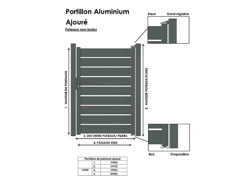 Portillon en aluminium ajouré H 1m60 x P 1m Gris 7016
