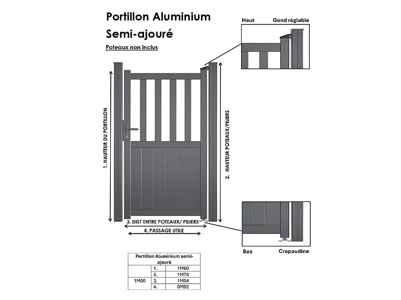 Portillon en aluminium semi ajouré H 1m60 x P 1m Gris 7016