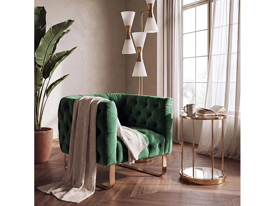 Grosvenor Bottle Green Velvet Armchair - Deep Buttoned Tub Chair, Brushed Brass Base