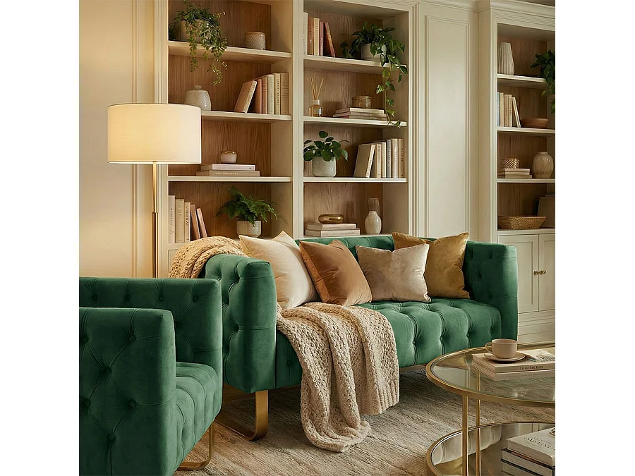 Grosvenor Bottle Green Velvet Armchair - Deep Buttoned Tub Chair, Brushed Brass Base
