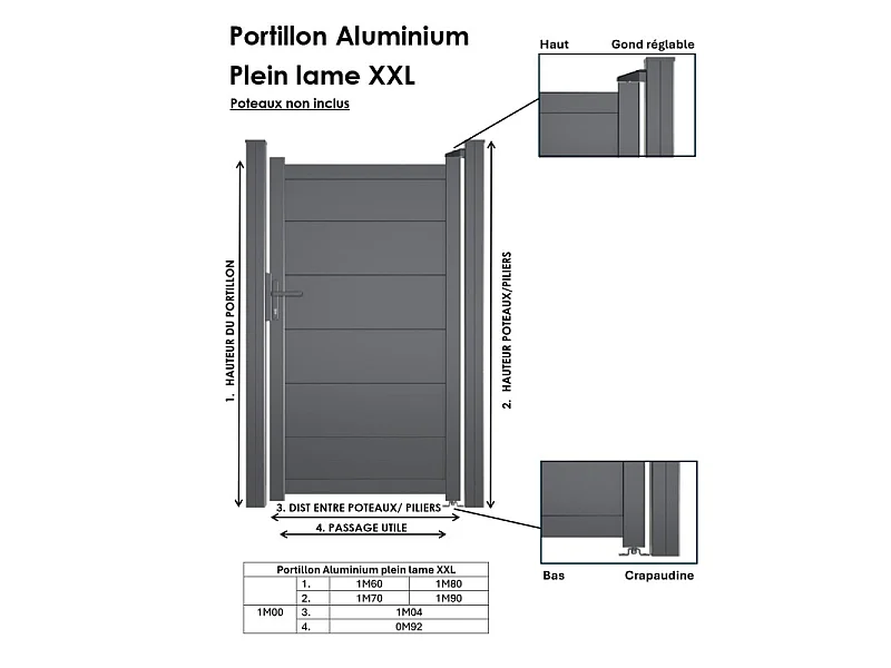 Portillon en aluminium plein lame XXL H 1m60 x P 1m Gris 7016