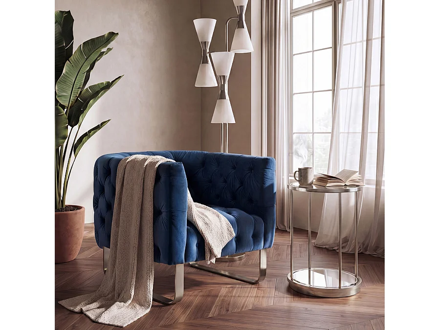 Grosvenor Club Armchair - Navy Blue Velvet - Brushed Stainless Steel