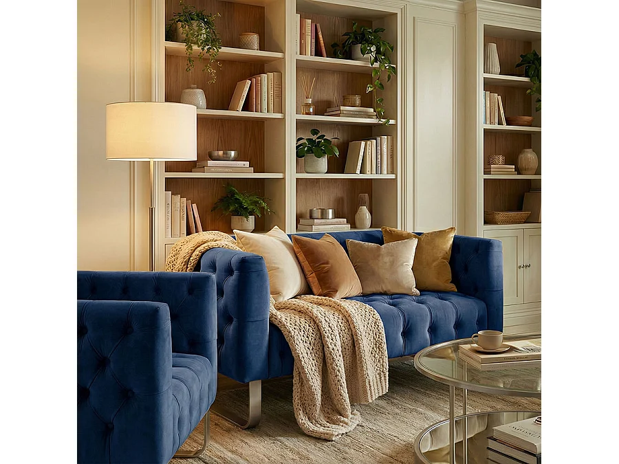 Grosvenor Club Armchair - Navy Blue Velvet - Brushed Stainless Steel