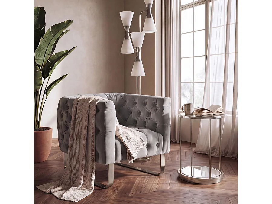 Grosvenor Armchair - Dove Grey Velvet - Brushed Stainless Steel Base