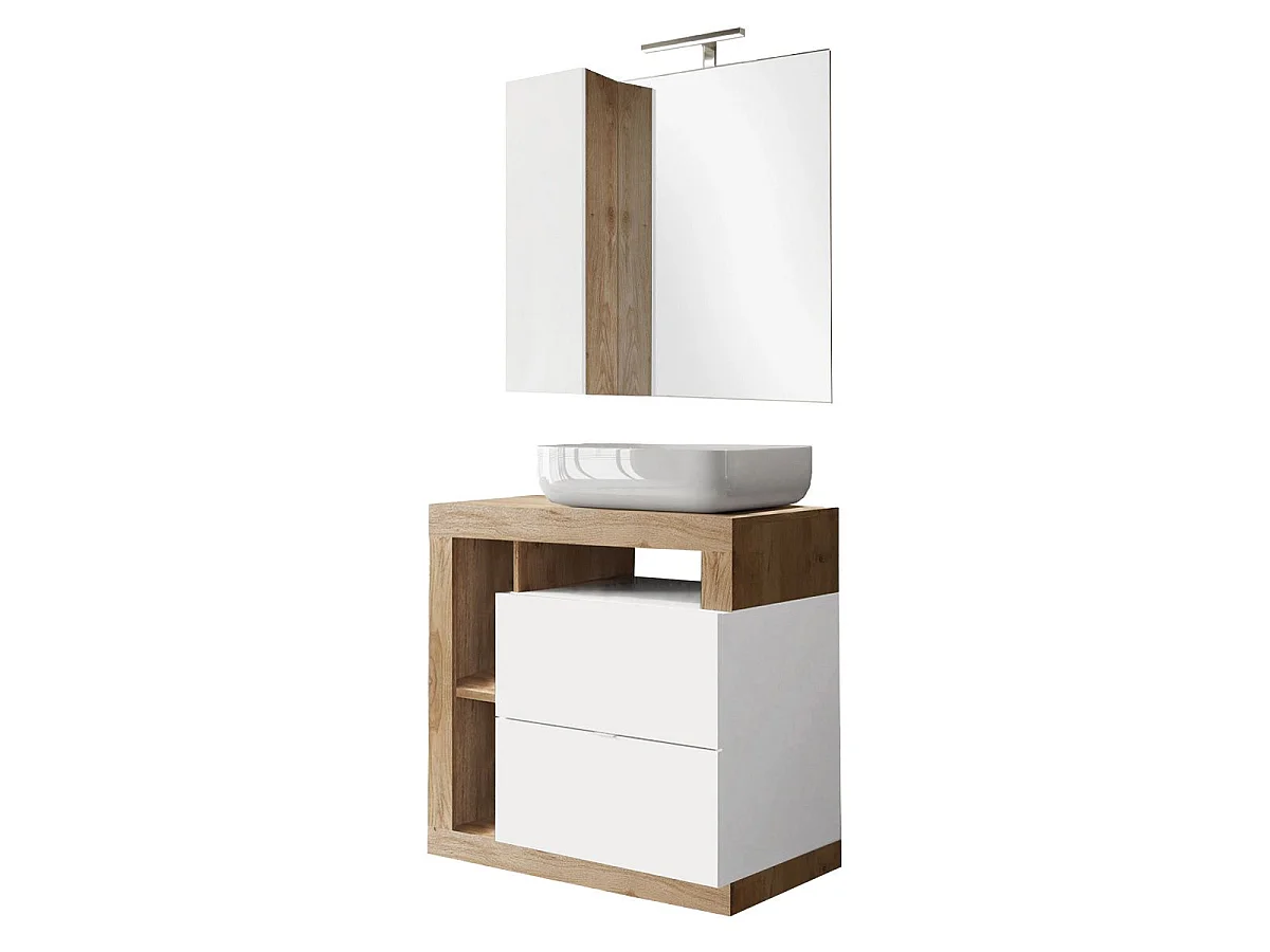 ARTURO - Meuble avec vasque 78cm + Miroir blanc et aspect bois Cadiz