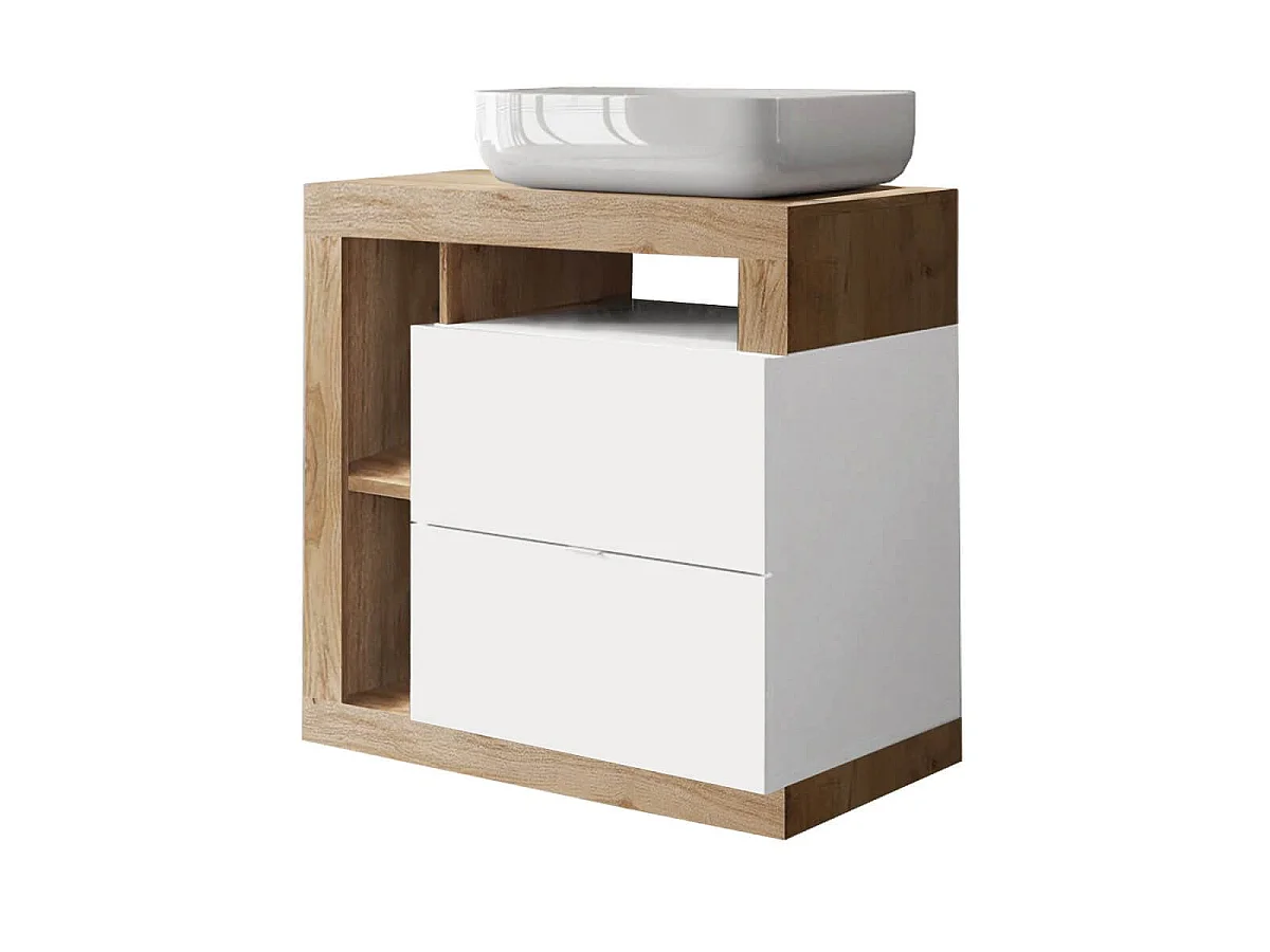 ARTURO - Meuble avec vasque 78cm + Miroir blanc et aspect bois Cadiz