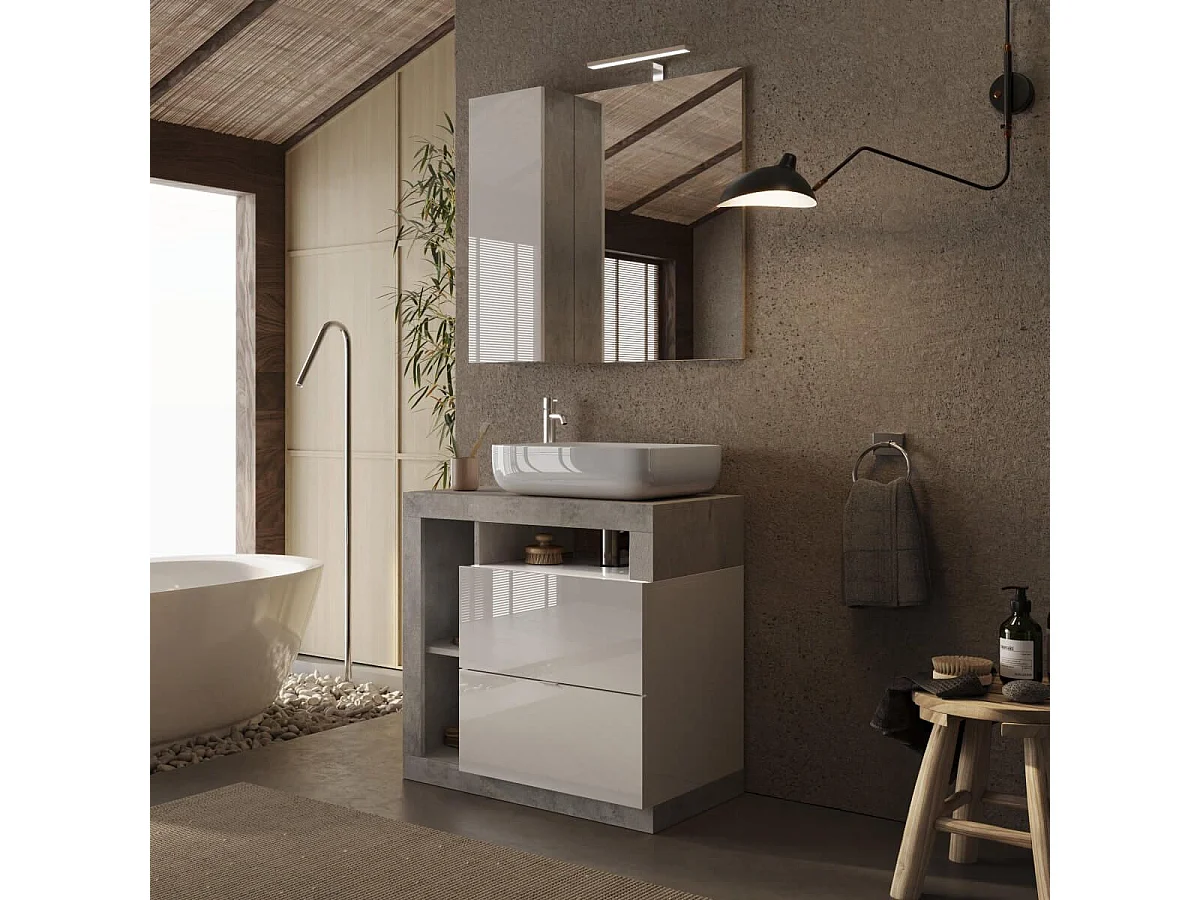 ARTURO - Meuble avec vasque 78cm + Miroir blanc et aspect béton