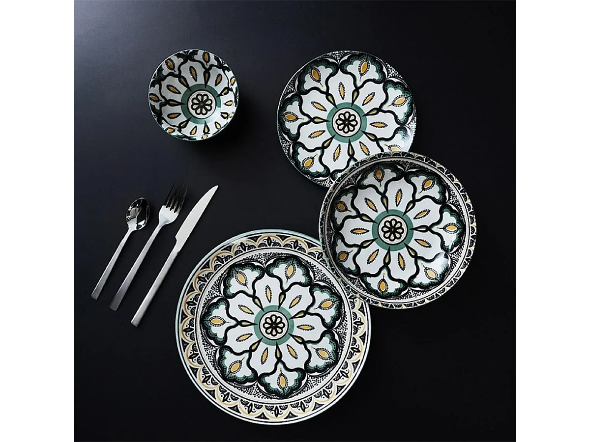 Set de 6 assiettes creuses en porcelaine vert mandala (Ø20cm) - MANDALA