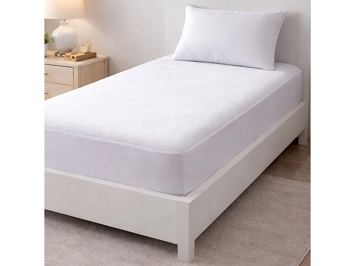 Protège matelas 90x190cm en polyester bouclette éponge blanc imperméable - HERMIONE