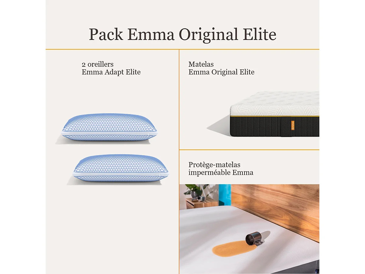 Pack Matelas Emma Original Elite + 2 oreillers Adapt Elite + protège-matelas 140x190