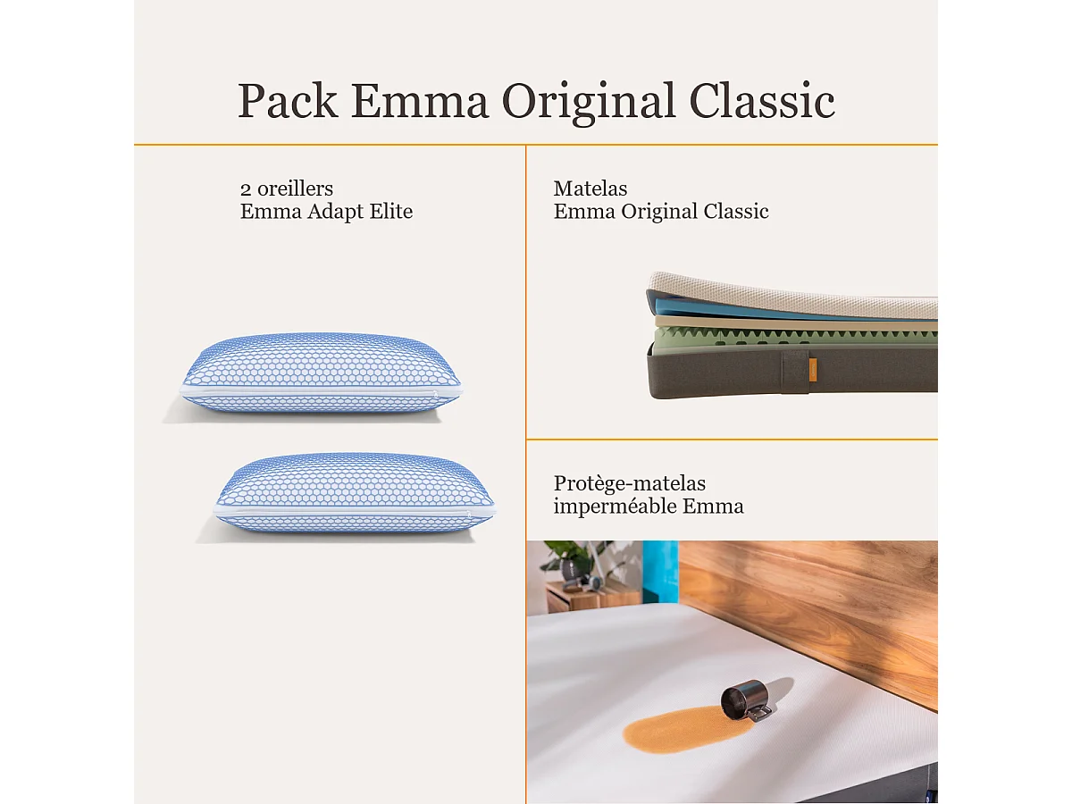 Pack Matelas Emma Original Classic + 2 oreillers Adapt Elite + protège-matelas 160x200