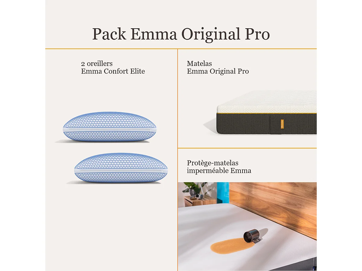 Pack Matelas Emma Original Pro + 2 oreillers Confort Elite + protège-matelas 160x200
