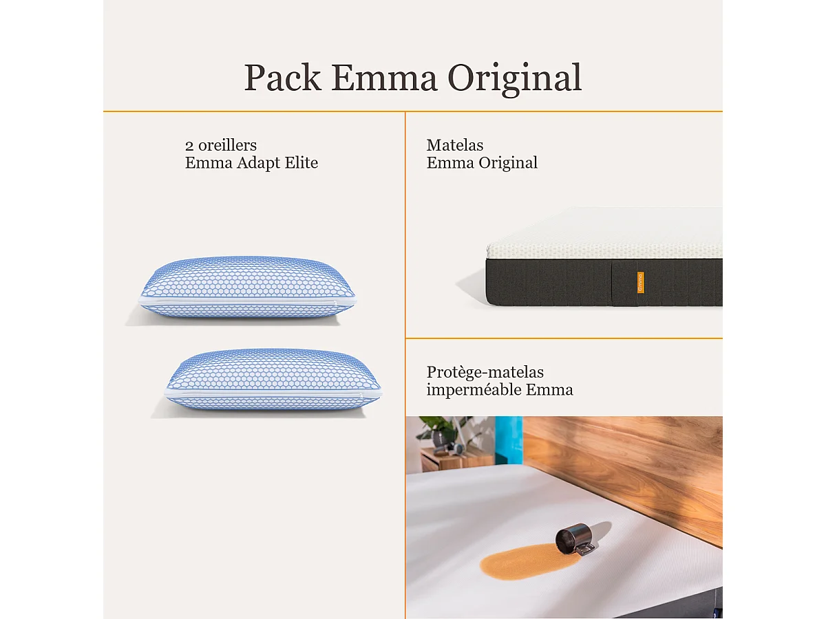 Pack Matelas Emma Original + 2 oreillers Adapt Elite + protège-matelas 140x190