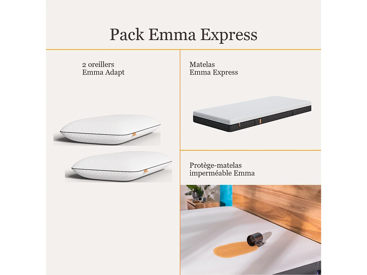 Pack Matelas Emma Express + 2 oreillers Adapt + protège-matelas imperméable 140x190