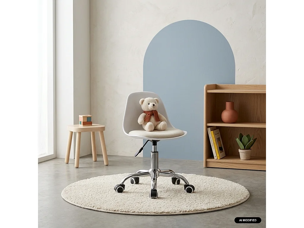 Silla de oficina infantil con ruedas ajustable, base cromada, Blanco
