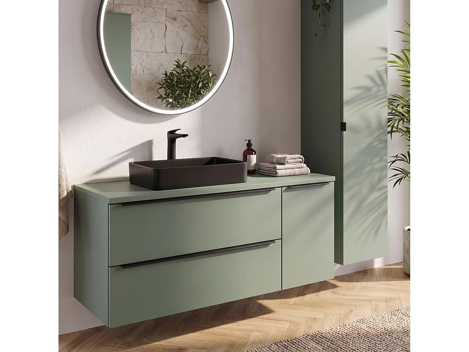 Badkamerkast 40 cm met wasmand en blad, saliegroen