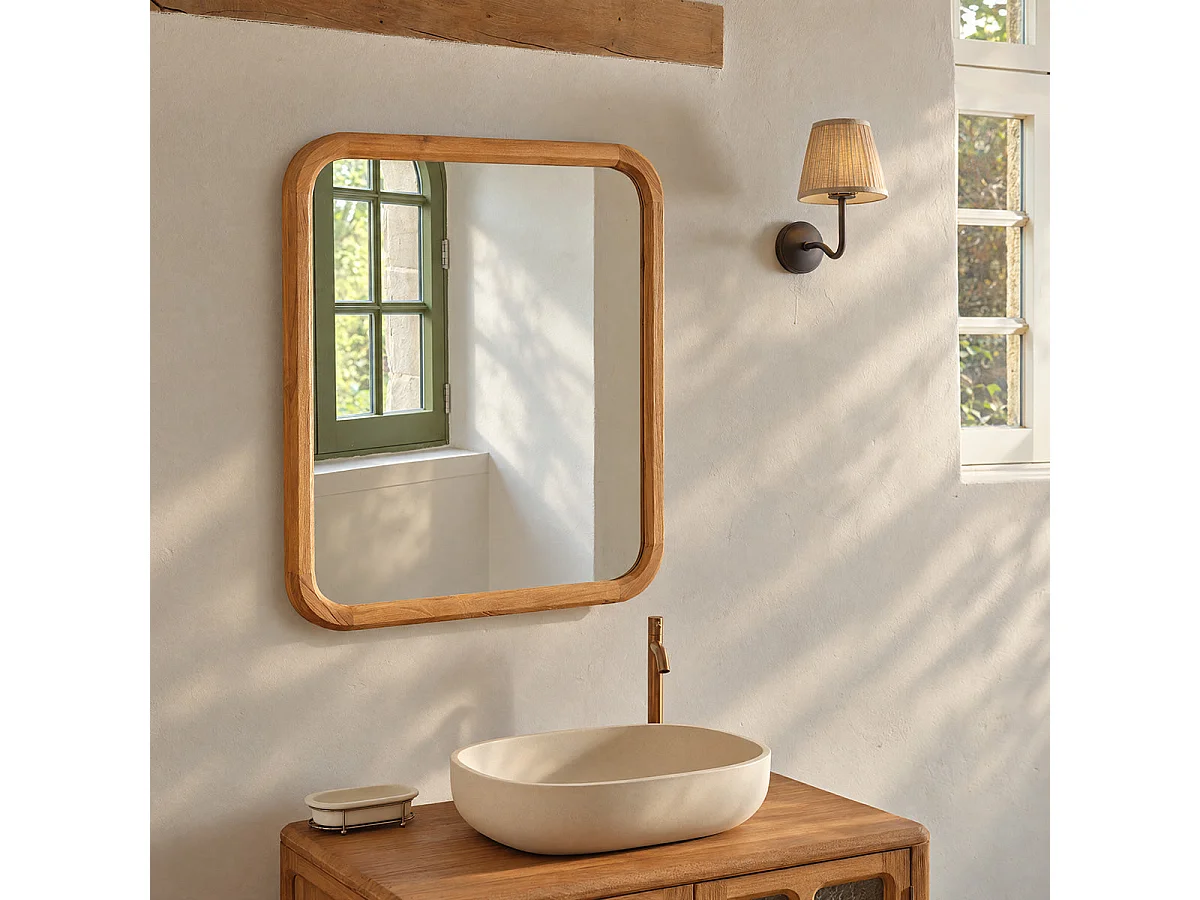 Espejo rectangular de teca maciza natural, 70 L x 80 H