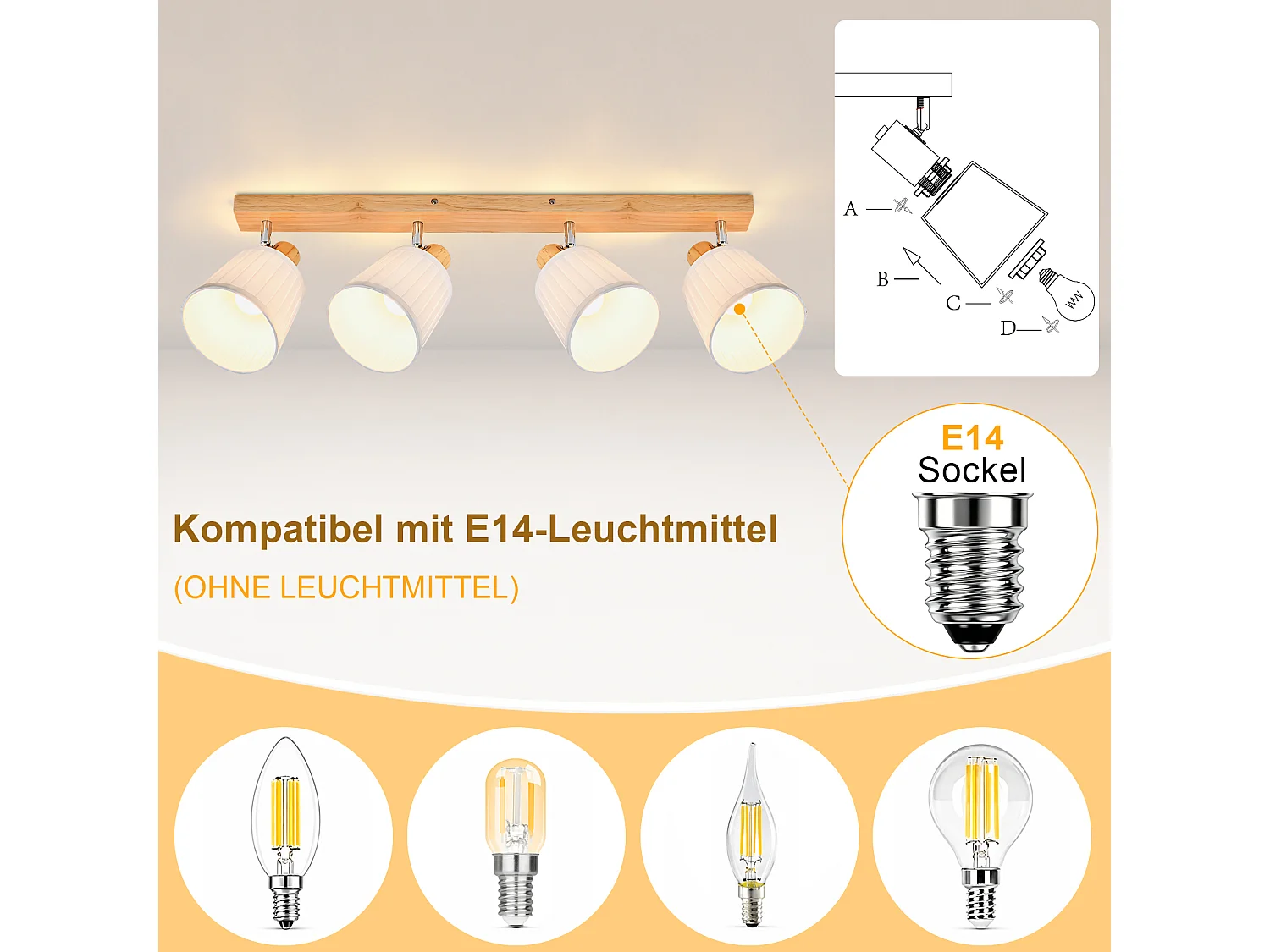 ZMH Spot de plafond 4 lumières E14 vintage bohème et rétro orientables 350° pour couloir cuisine salon ou chambre