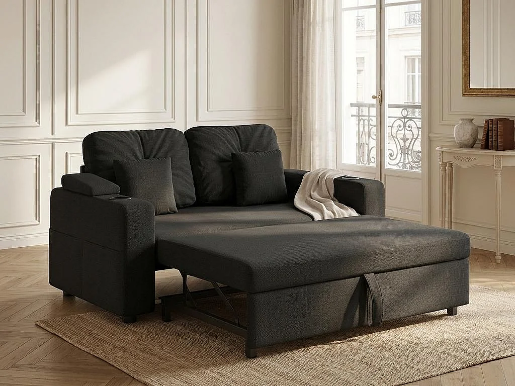 Canapé Convertible 2 Places Confortable - Canapé Lit 138cm en Chenille avec Porte-Gobelets, Poche de Rangement, Ports USB et Coussins