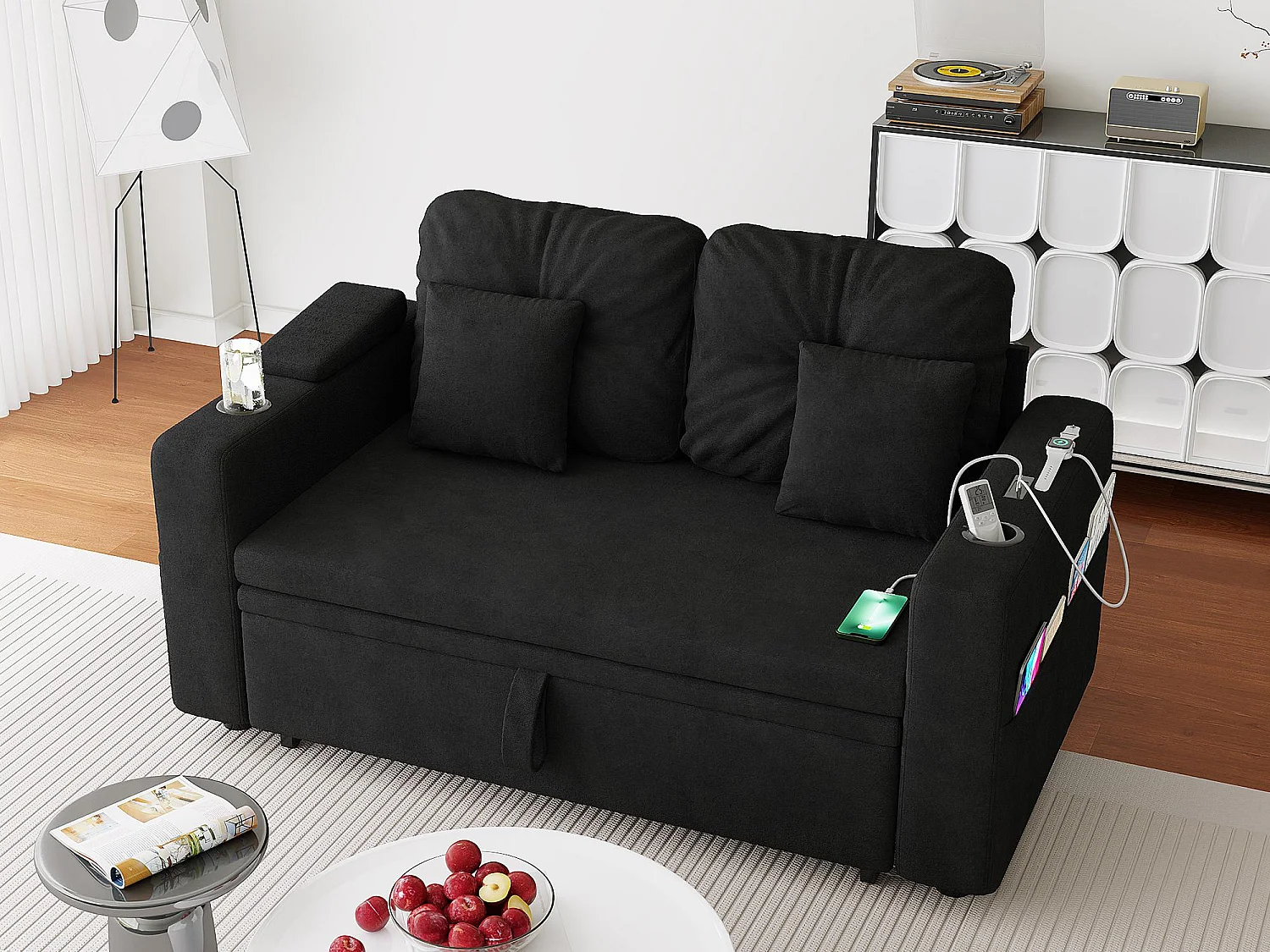 Canapé Convertible 2 Places Confortable - Canapé Lit 138cm en Chenille avec Porte-Gobelets, Poche de Rangement, Ports USB et Coussins