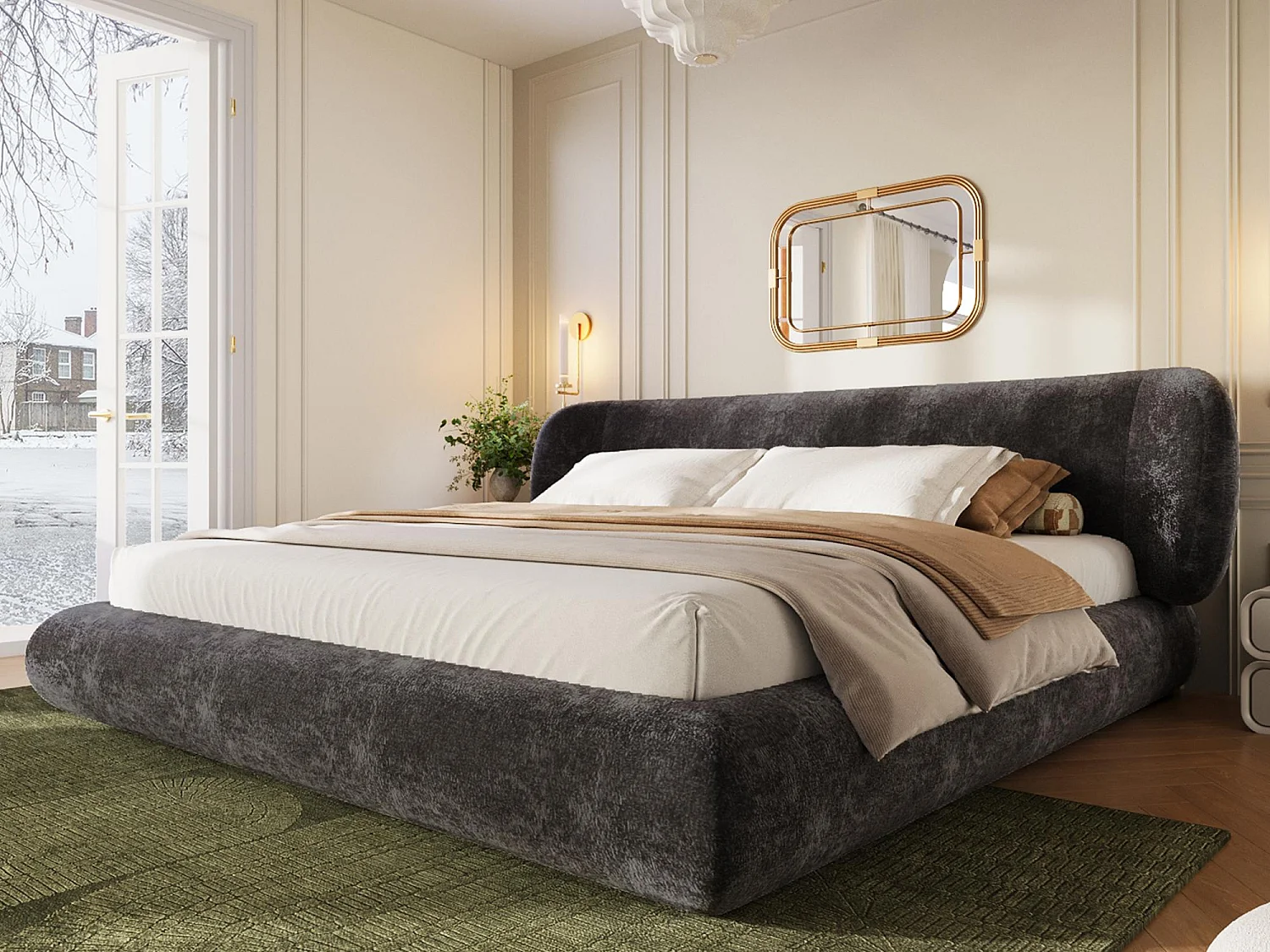 Lit Rembourré 140x190 Design avec Tête de Lit Enveloppante - LVHOM Lit Double en Chenille avec Sommier, Gris