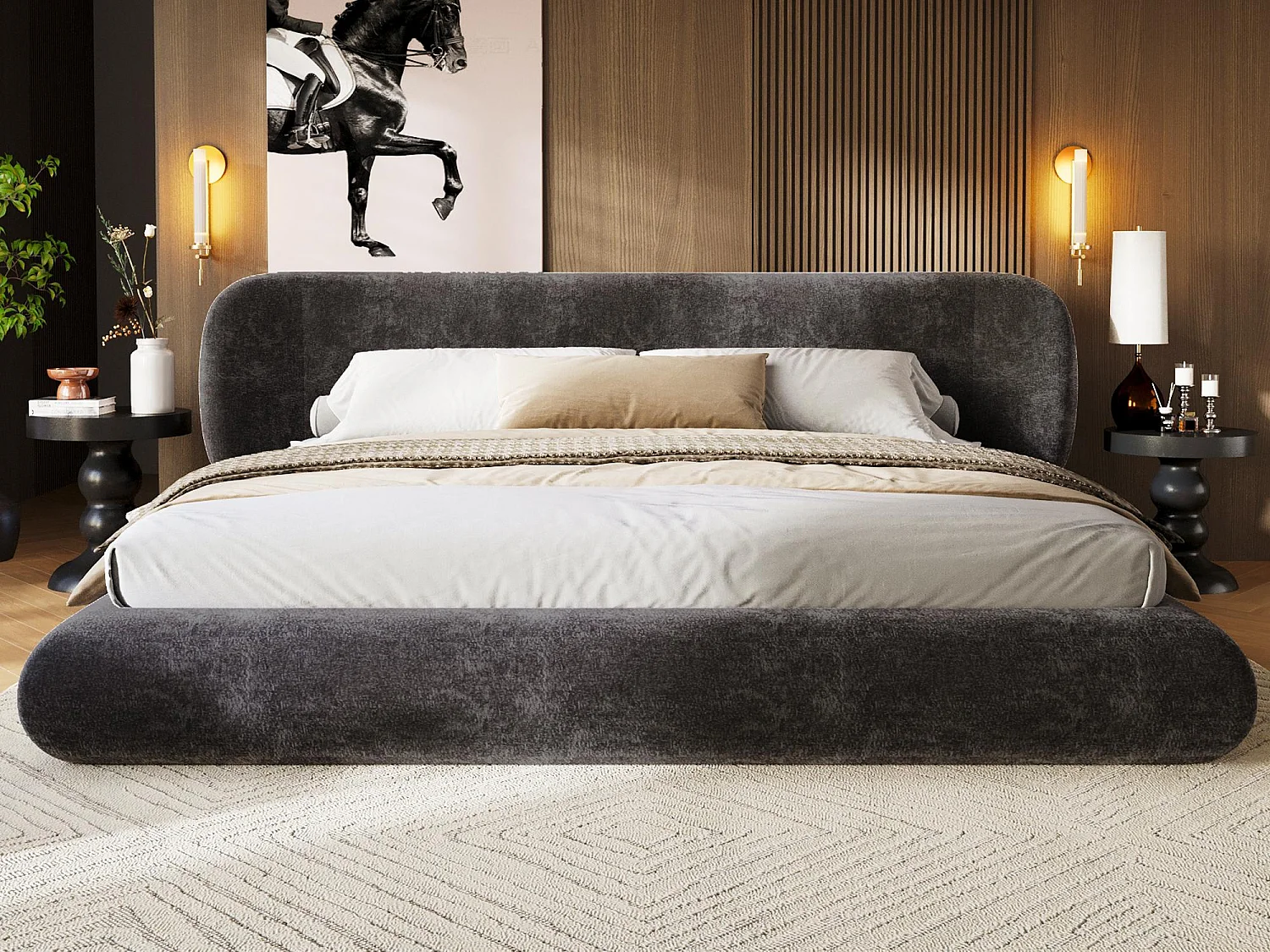 Lit Rembourré 140x190 Design avec Tête de Lit Enveloppante - LVHOM Lit Double en Chenille avec Sommier, Gris