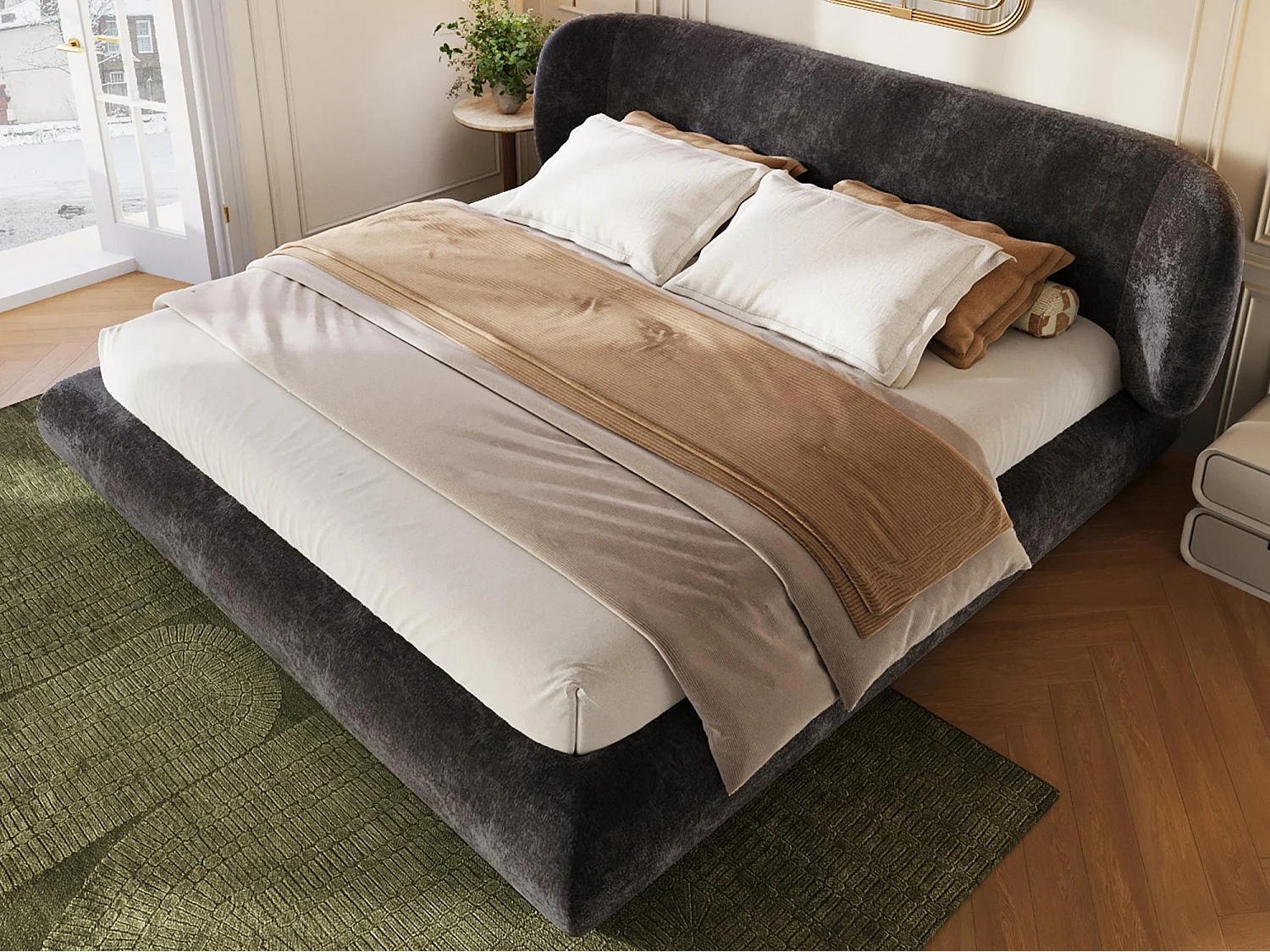 Lit Rembourré 140x190 Design avec Tête de Lit Enveloppante - LVHOM Lit Double en Chenille avec Sommier, Gris