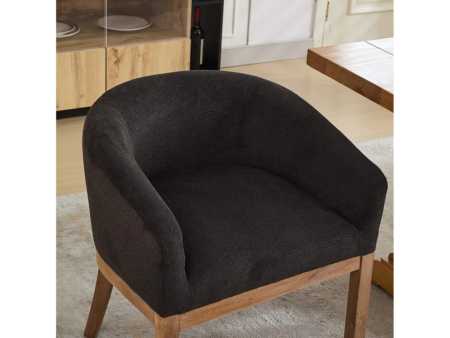 Chaises de salle à manger mid-century rembourrées accoudoirs style fermier lin structure bois massif naturel largeur 48 cm lot 1 gris anthracite - Sweiko