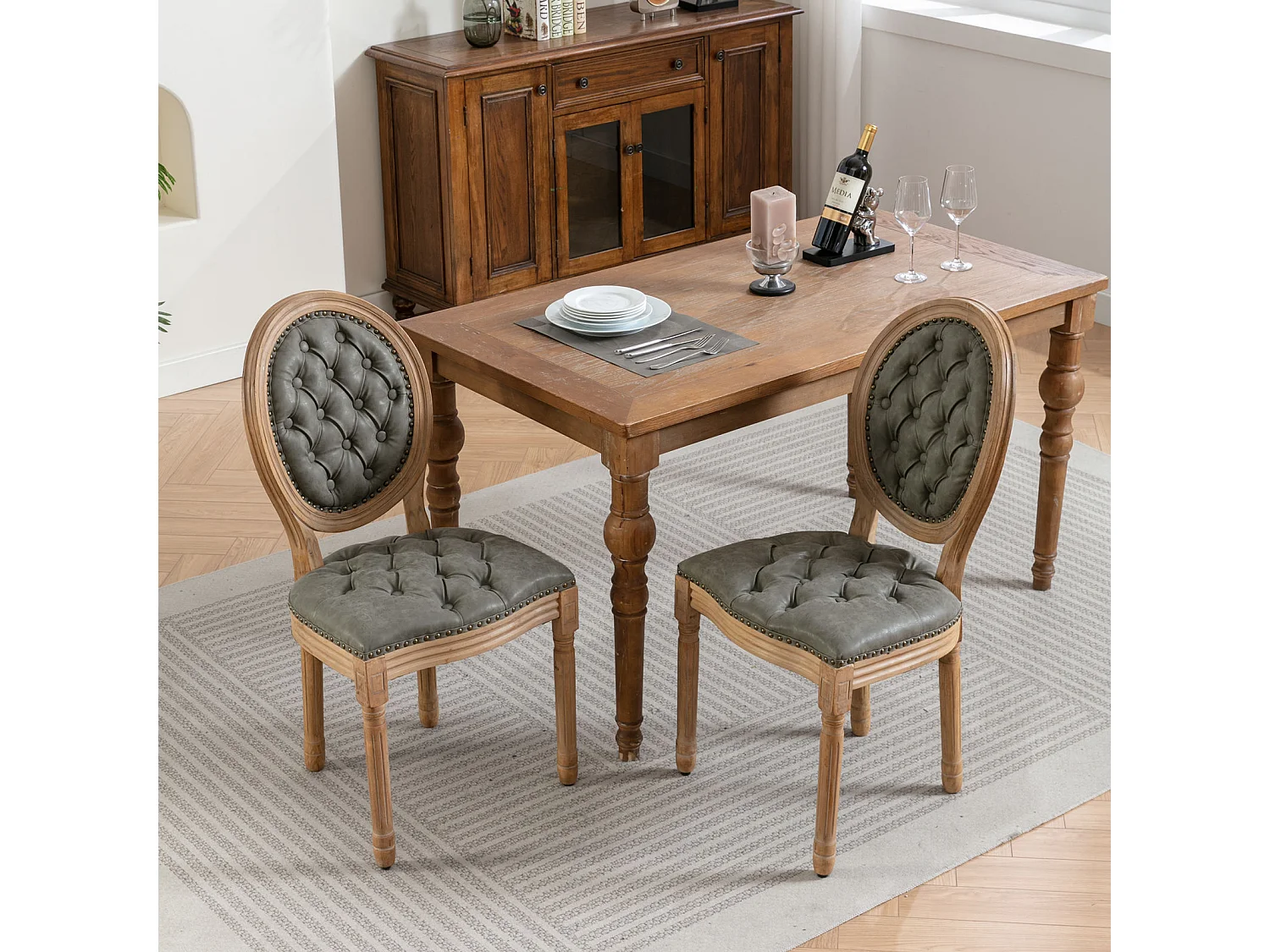 Chaises de salle à manger lot de 2 cadre bois massif vieilli dossier ovale capitonné main similicuir mouton clous décoratifs mousse haute densité - Sweiko