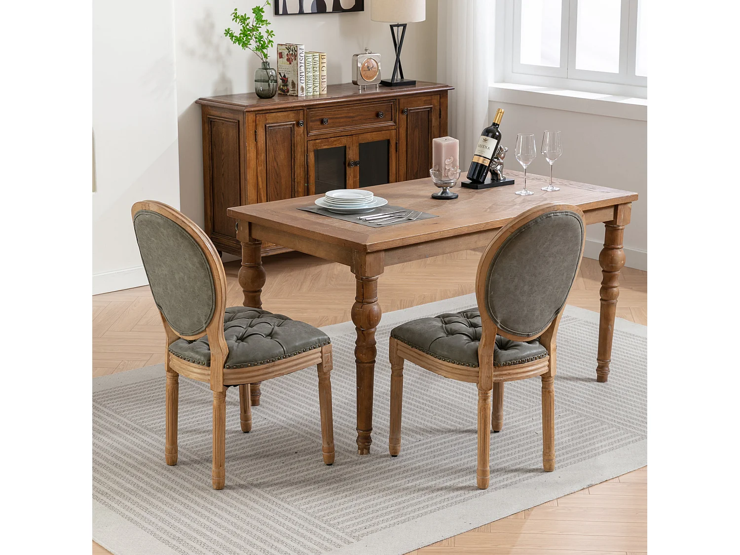 Chaises de salle à manger lot de 2 cadre bois massif vieilli dossier ovale capitonné main similicuir mouton clous décoratifs mousse haute densité - Sweiko