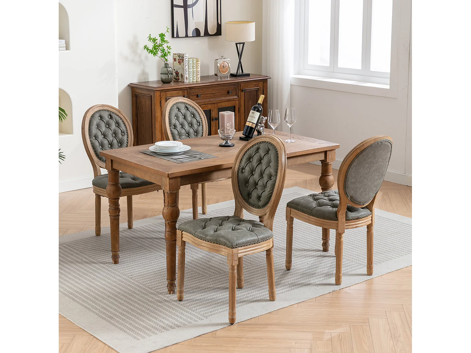 Chaises de salle à manger lot de 2 cadre bois massif vieilli dossier ovale capitonné main similicuir mouton clous décoratifs mousse haute densité - Sweiko
