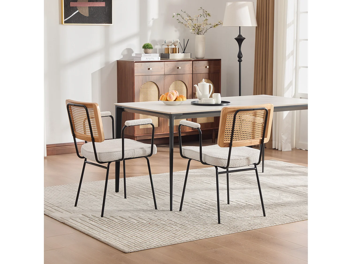 Lot de 2 chaises avec accoudoirs rembourrage en chenille cadre en bois massif au dossier effet rotin et pieds métalliques réglables couleur ivoire - Sweiko